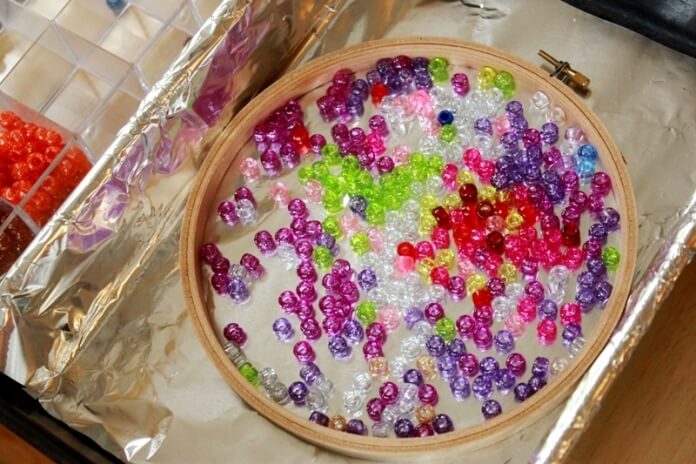 Plastic Bead Suncatchers in Embroidery Hoop Frames - create bead design