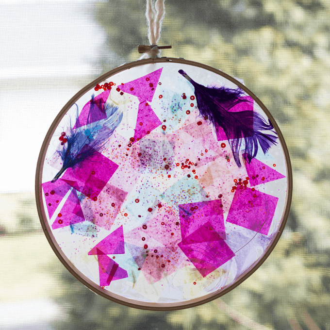 Tissue Paper Suncatcher in Embroidery Hoop Frame