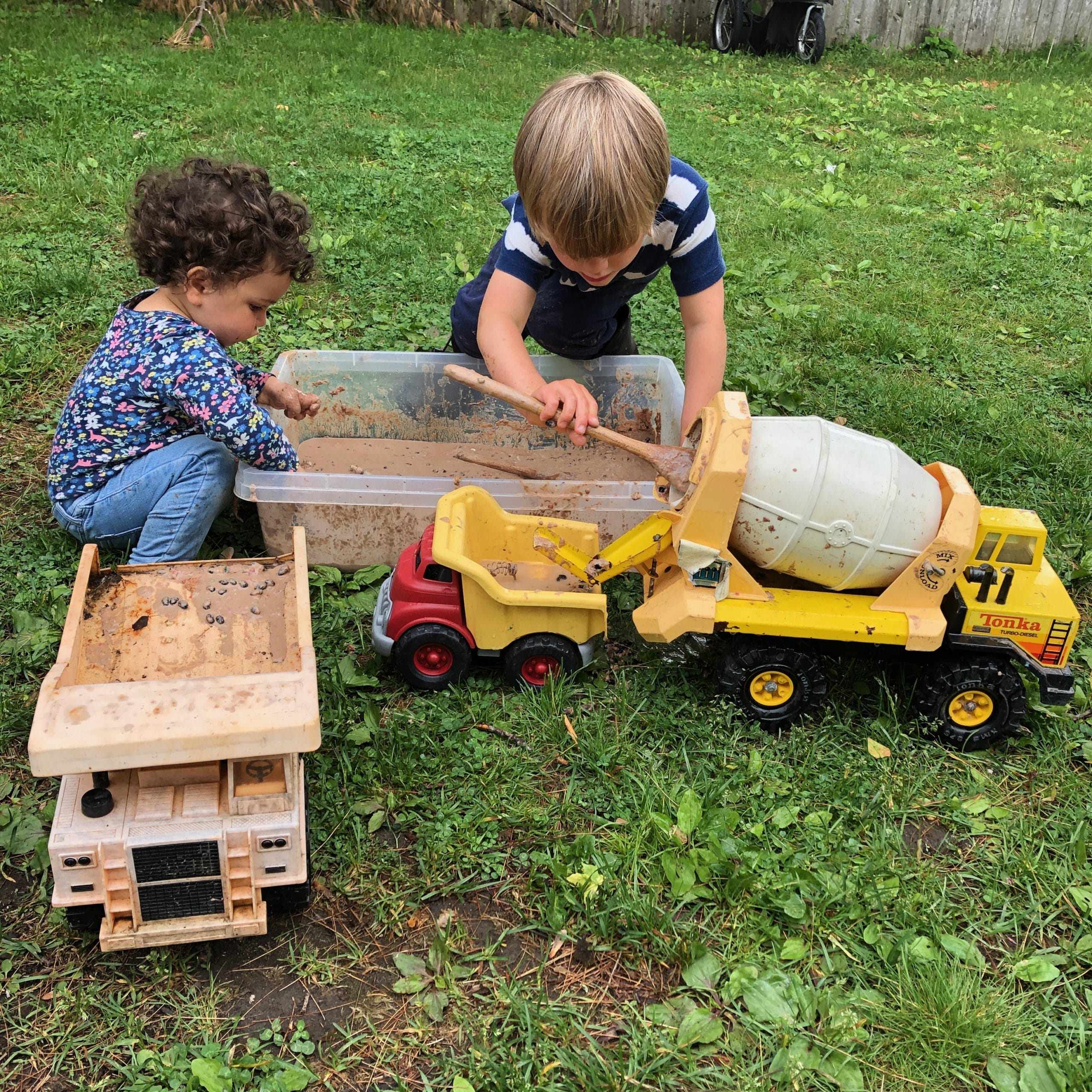 Trucks and cement mixer with cloud dough "cement_Photo by Rachel Withers