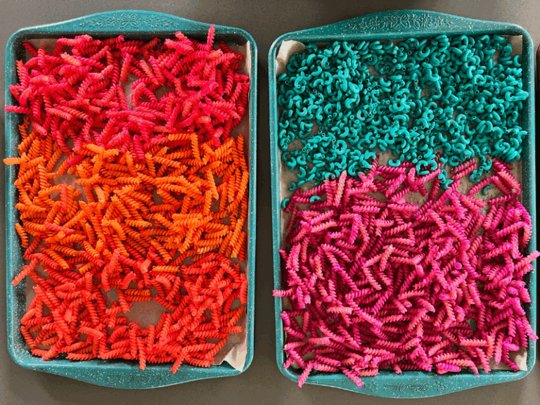 dyed pasta on trays
