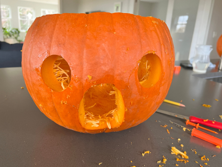 cutting holes in pumpkin fairy house