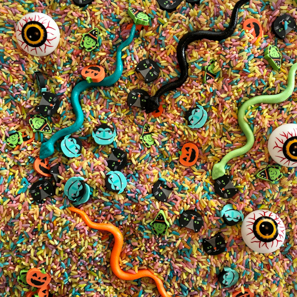 rainbow rice halloween bin