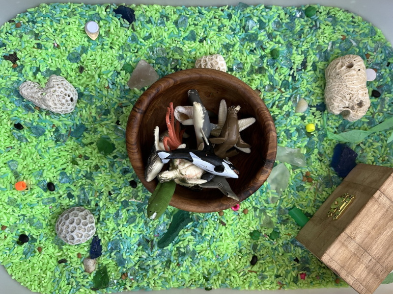 rice ocean life sensory play
