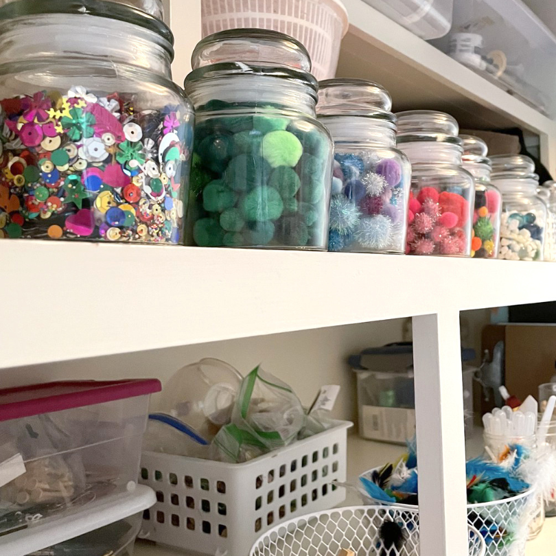 art supplies on shelves