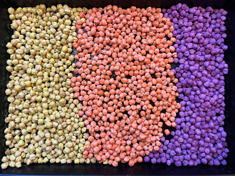 dyed chickpeas sensory bin
