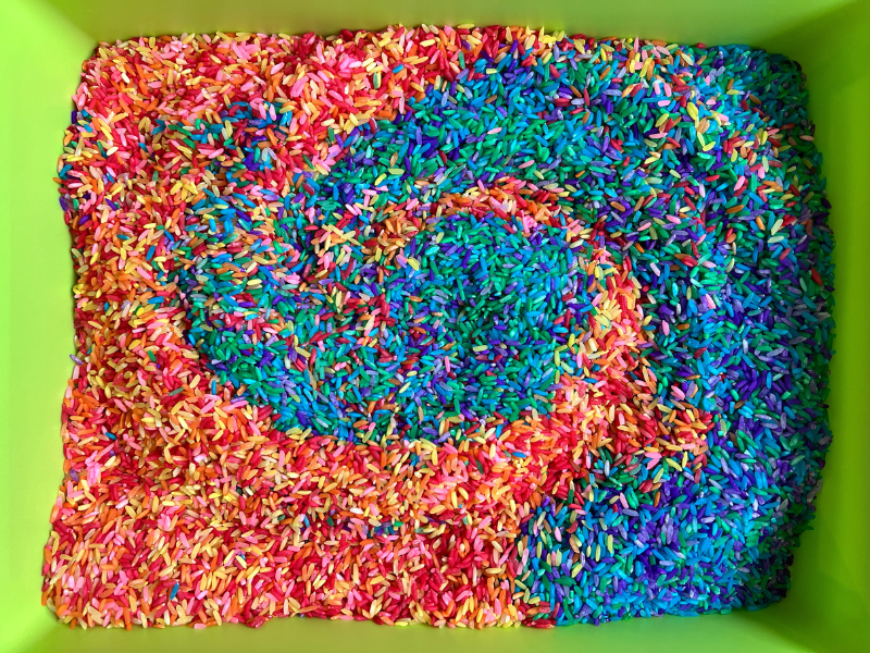 rainbow rice sensory bin
