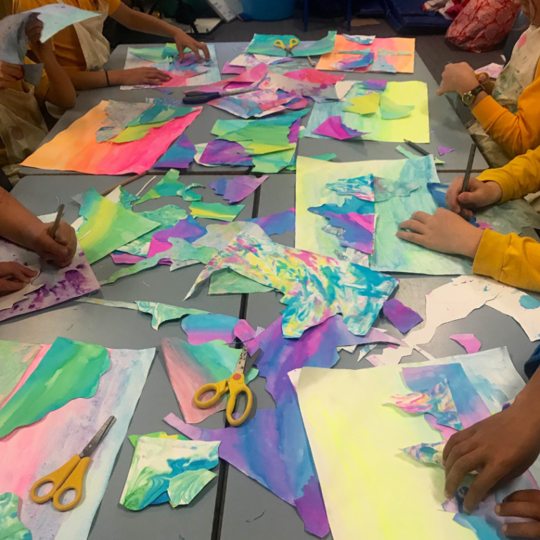 making collage at a table