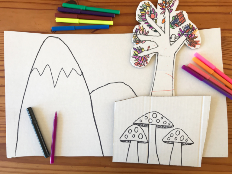 drawings of trees and mountains